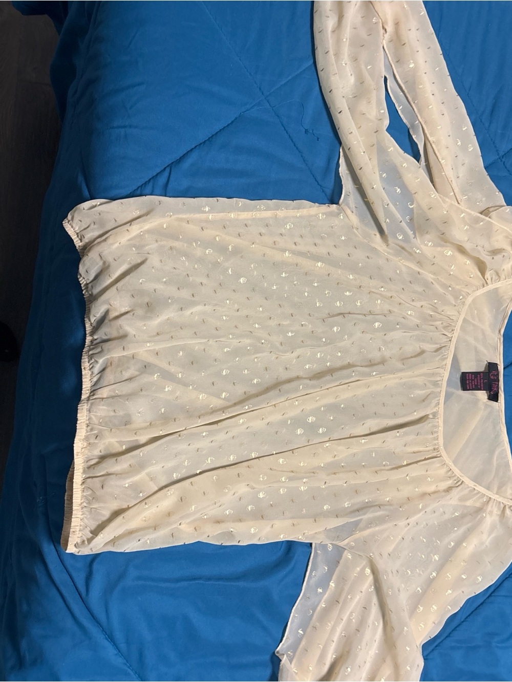 Cream Sheer Long Sleeve Blouse with Metallic Gold Dot Details